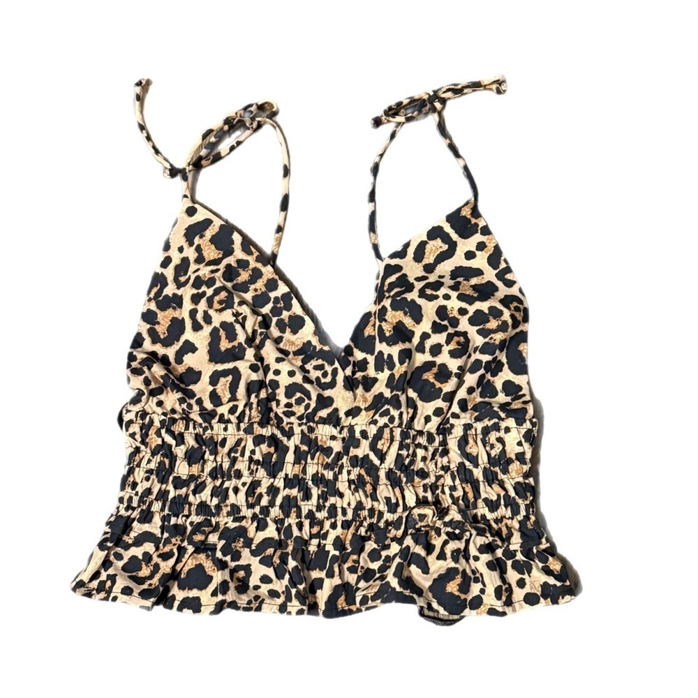 Sim & Sam Leopard Print Tie-Strap Tank Top – Smocked Ruffle Hem